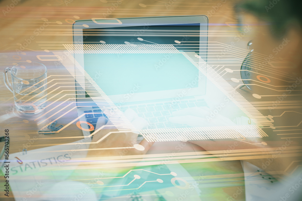 Poster Businessman with computer background with technology theme hologram. Concept of big data. Double exposure.