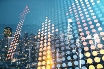 Virtual upward arrows illustration on San Francisco skyline background. Breakthrough and progress concept. Multiexposure