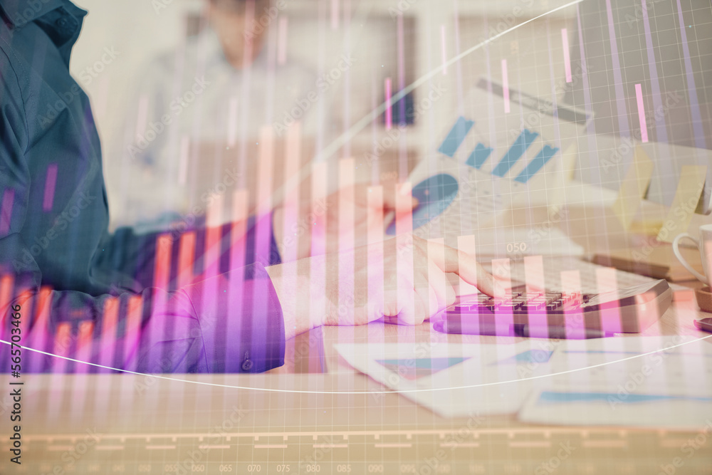 Poster double exposure of graph with man typing on computer in office on background. concept of hard work. 