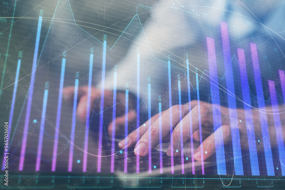 Poster Forex graph with businessman working on computer in office on background. Concept of hardworking. Multi exposure.