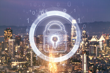 Virtual creative lock symbol and microcircuit illustration on San Francisco skyline background....