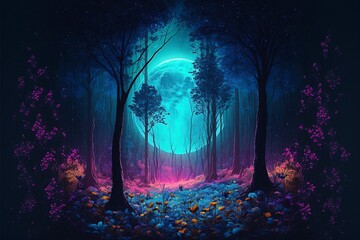 Fototapeta na wymiar Magical Forest: A mystical forest illuminated by a bright blue moon, surrounded by colorful wildflowers and tall trees.