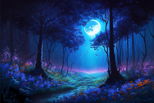 Magical Forest: A mystical forest illuminated by a bright blue moon, surrounded by colorful wildflowers and tall trees.