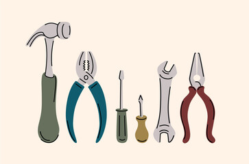 Construction, building, and car service tools.Household repair tooling, wrench, hammer, and screws. Screwdriver, isolated toolkit elements. Flat carpentry decent vector set. Hand-drawn fixing tools.