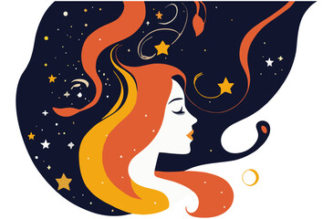 Girl with space dreams. Women with the universe of starry night in their hair. Concept in flat color graphic. Vector illustration