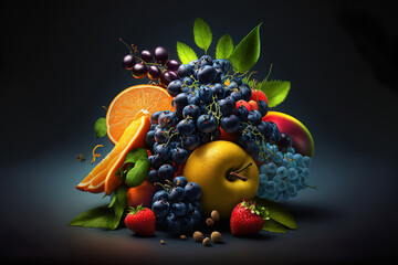 a pile of fresh summer fruit, studio lights background, concept abstract composition, generative ai