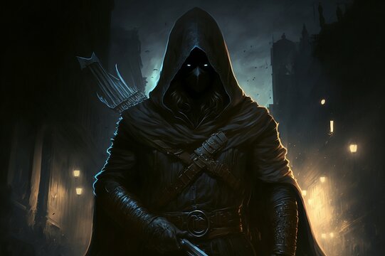 A hooded assassin stands in the shadows, The background is dark and ominous, The assassin's face is obscured by the hood, adding to the mysterious and deadly atmosphere