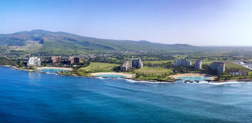 Panorama of the resorts on the west side of Oahu, Hawaii and its resort hotels, parks and lagoons