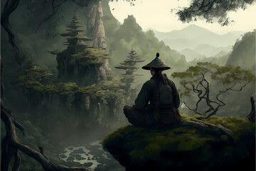Young zen master finding true self in the middle of a rainforest. Sitting on a grassy rock in background of foggy mountains. - obrazy, fototapety, plakaty