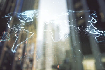 Multi exposure of abstract graphic world map hologram on blurry cityscape background, connection and communication concept