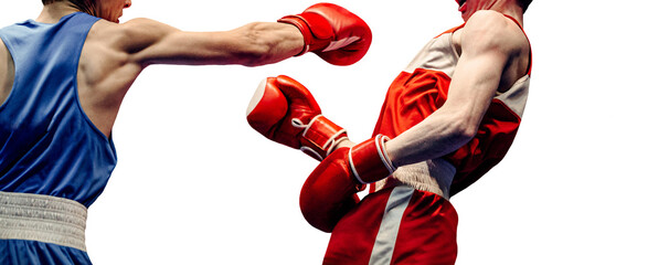 Fototapeta boxing match boxer lands right jab to opponent obraz