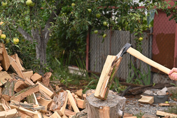 The axe moves towards the log.