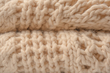 A fragment of beige knitted fabric, knitted from white sheep wool.
