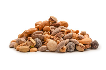 A group of almonds, pistachios, walnuts, macadamia, cashews.