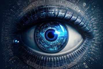 close up cyber electronic eye surveillance and security with lights glares and circuits, inspirationnal internet art, enhanced and reworked ai generated mattepainting illustration