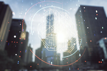 Double exposure of creative artificial Intelligence interface on modern skyscrapers background. Neural networks and machine learning concept