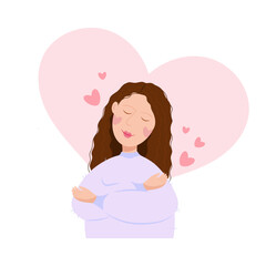 The girl hugs herself against the background of a pink heart. Self love. Cute girl in a warm sweater in a flat style.	