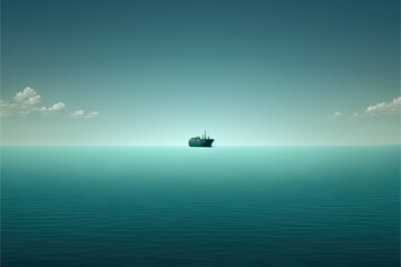 Calm ocean surface with very small container ship on it, copy space, created with Generative AI technology