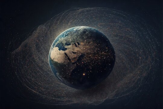 Earth From Space Surrounded By Many Tiny Satellites, Concept Of Space Debris, Trash, Created With Generative AI Technology