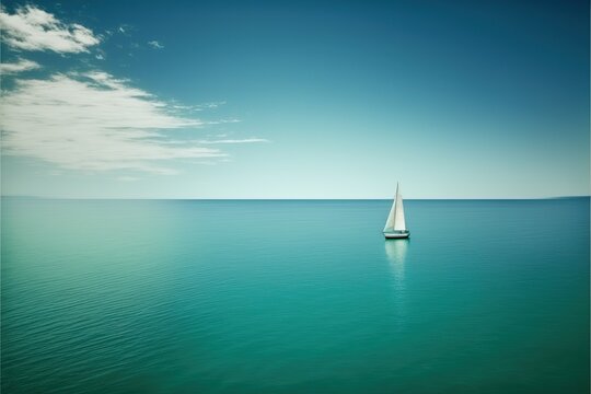 Calm ocean surface with very small sailing boat on the horizon, created with Generative AI technology