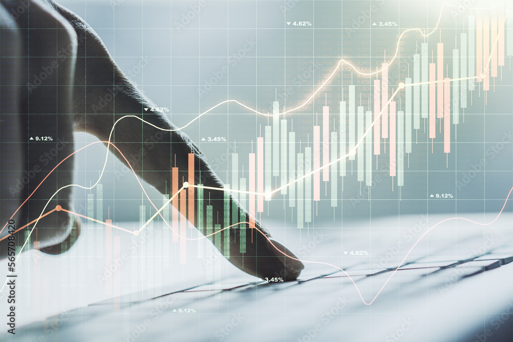 Aufkleber double exposure of abstract creative financial chart with hand typing on computer keyboard on backgr