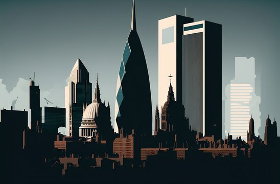 A sleek, high-contrast view of the London skyline, including the Gherkin