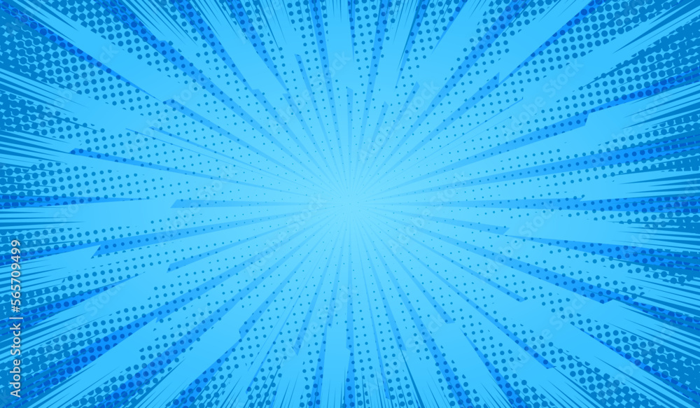 Poster blue comics background. abstract lines backdrop. bright sunrays. design frames for title book. textu
