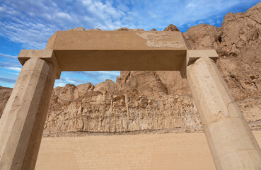 Hatshepsut mortuary Pharaoh temple architecture with stone arch, Luxor, Egypt.