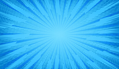 Blue comics background. Abstract lines backdrop. Bright sunrays. Design frames for title book. Texture explosive polka. Beam action. Pattern motion flash. Rectangle fast boom. Vector illustration - obrazy, fototapety, plakaty