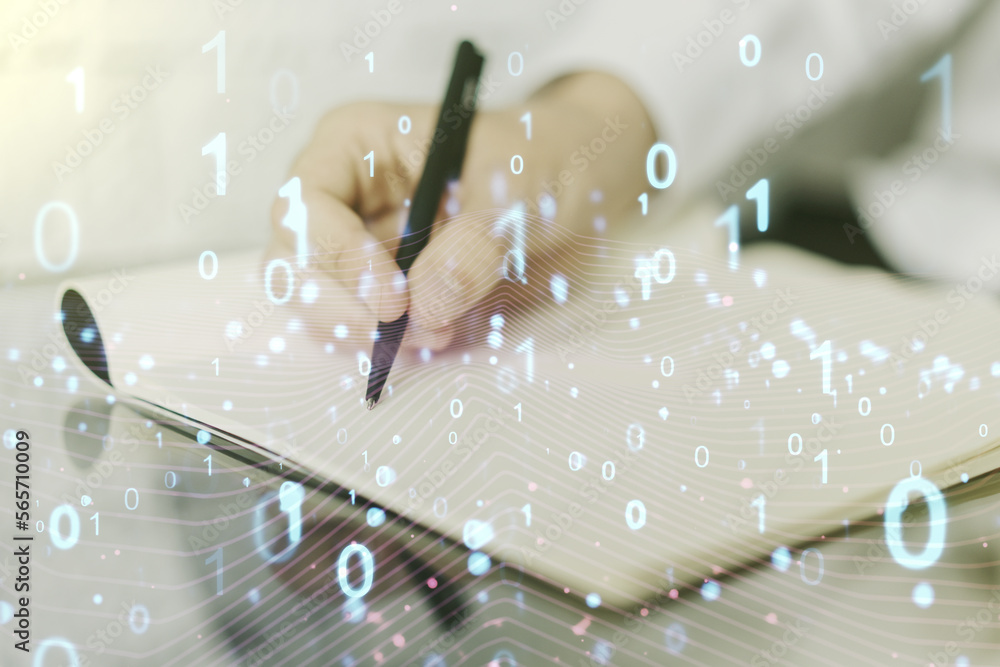 Poster creative abstract binary code hologram and man hand writing in diary on background, ai and machine l