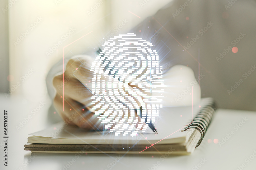 Poster Double exposure of abstract creative fingerprint hologram with man hand writing in notepad on background, protection of personal information concept