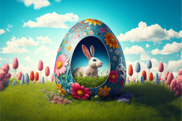Easter bunny on a hill illustration - obrazy, fototapety, plakaty