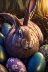 Easter bunny with easter eggs - obrazy, fototapety, plakaty