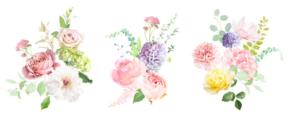 Pink rose, hydrangea, white peony, magnolia, hyacinth, ranunculus, spring garden flowers, eucalyptus, greenery