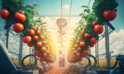 Industrial modern 4.0 greenhouse to grow tomatoes with robots drone. Concept technology innovations farming. Generation AI