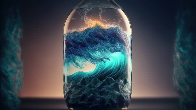 Cinemagraph of a small bottle with wave inside, ai generated
