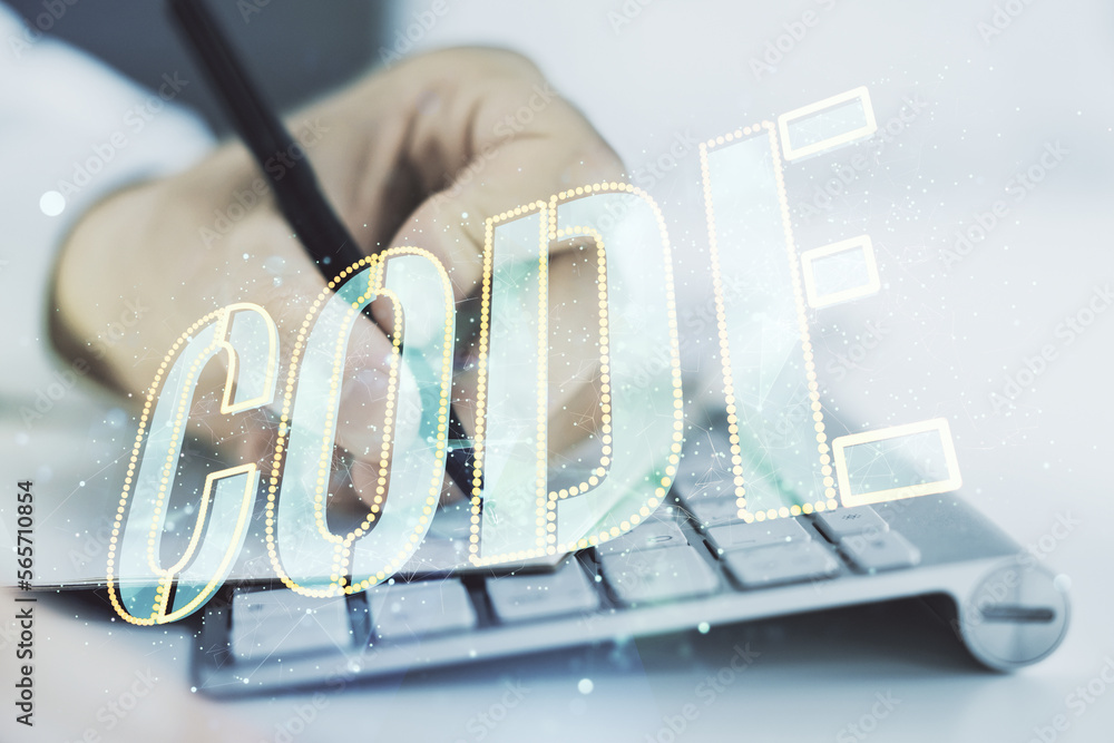 Poster creative code word hologram and hand writing in notepad on background with laptop, artificial intell