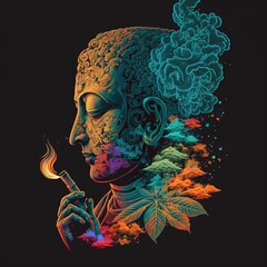 Colorful male Buddha and/or sadhu face smoking a joint with smoke releasing from his brain
