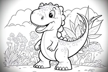 Cute baby dinosaur coloring page template. Cute tyrannosaur on abstract floral background.