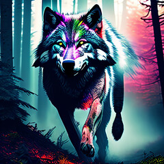 Colorful neon wolf running through a forest created using Generative A.I technology