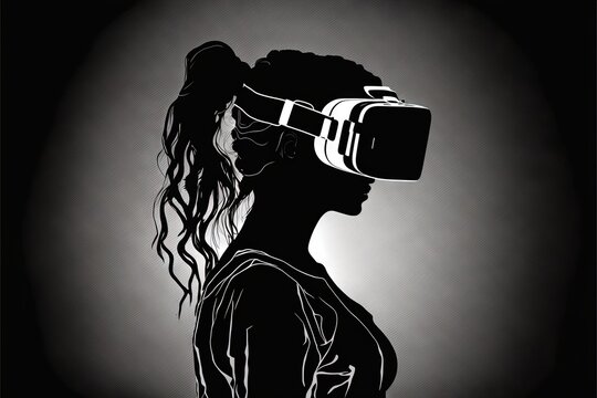  a woman with a virtual reality headset in her hand and a black and white background with a black and white image of a woman.  generative ai