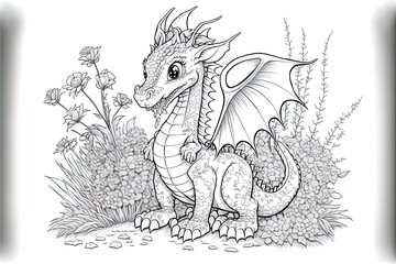 Adult coloring book page with beautiful dragon on white background