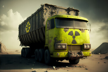 Obraz premium Yellow truck for transportation radiation waste. Concept soil of Earth and water ocean radioactive pollution. Generation AI
