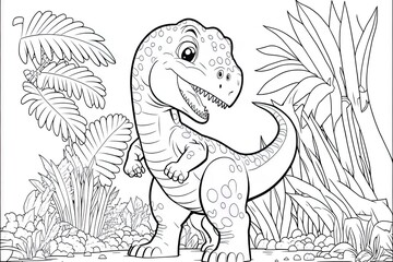 Cute baby dinosaur coloring page template. Cute tyrannosaur on abstract floral background.
