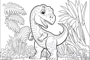 Tuinposter Cute baby dinosaur coloring page template. Cute tyrannosaur on abstract floral background. © Aleksey