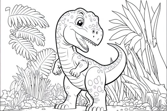 Cute baby dinosaur coloring page template. Cute tyrannosaur on abstract floral background.