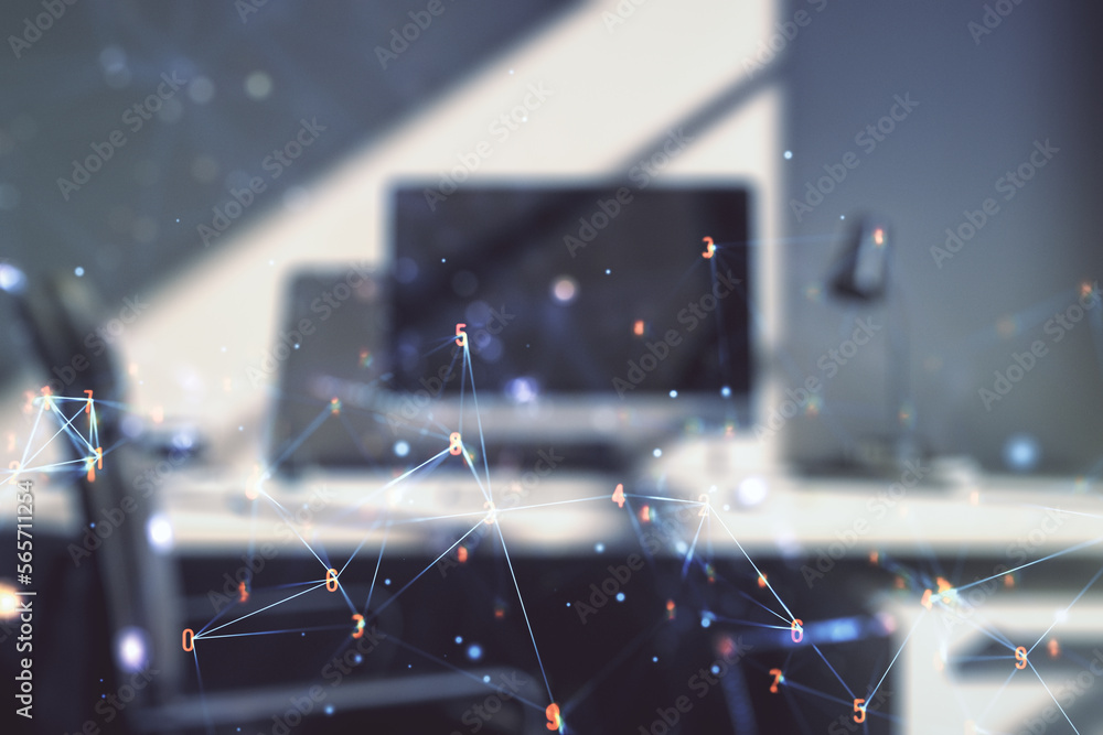 Poster Double exposure of technology hologram and modern desktop with laptop on background. Research and development software concept