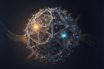  a sphere with a lot of lines and dots on it, and a bright light shining on the top of it, and a black background with a blue and yellow line.  generative ai
