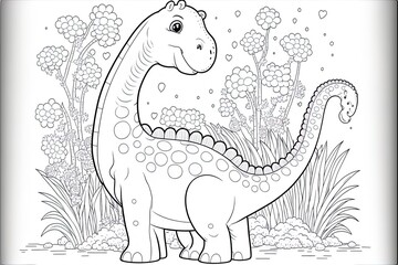 Fototapeta premium Cute baby dinosaur coloring page template. Cute diplodocus on abstract floral background.