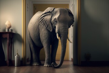  an elephant standing in a room with a door open and a lamp on the floor next to it and a door way behind it and a table with a lamp on it.  generative ai